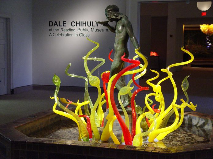 Photo courtesy of the Reading Public Museum: Fountain Spray in 2004, installed in the fountain on The Museum’s second floor. After repeated failed leak repairs, the fountain was removed and Fountain Spray was put in storage.